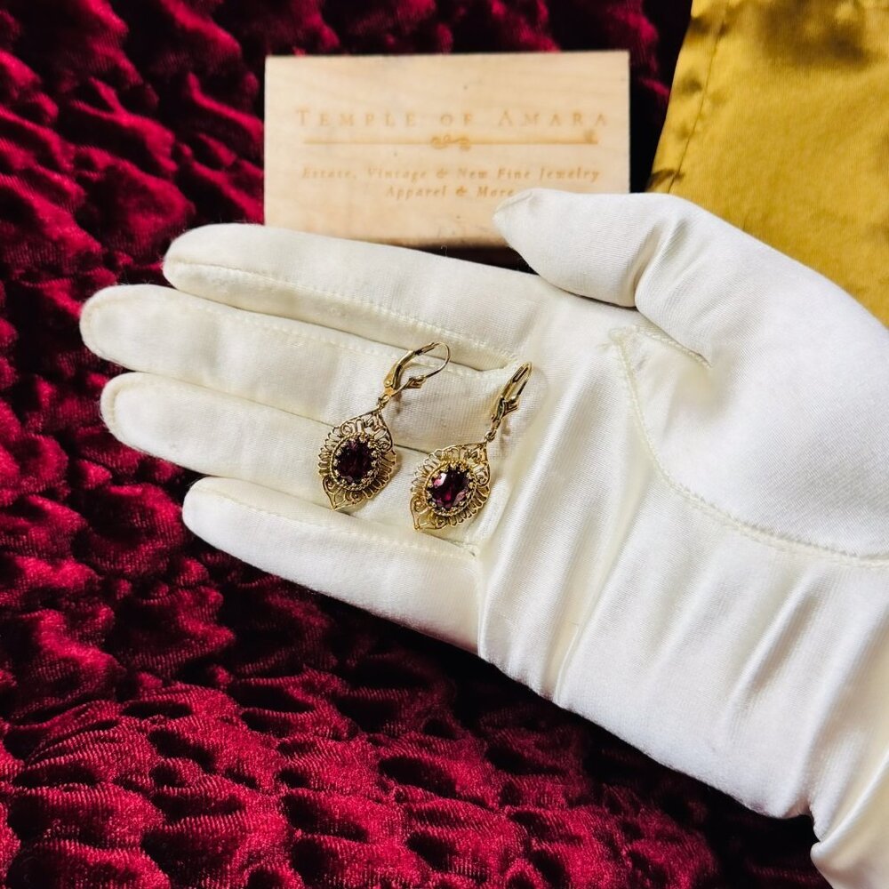 VINTAGE- 10K Gold- Natural Indian Garnet Earrings -Bohemian Filigree Dangle-3.9g - Picture 12 of 16